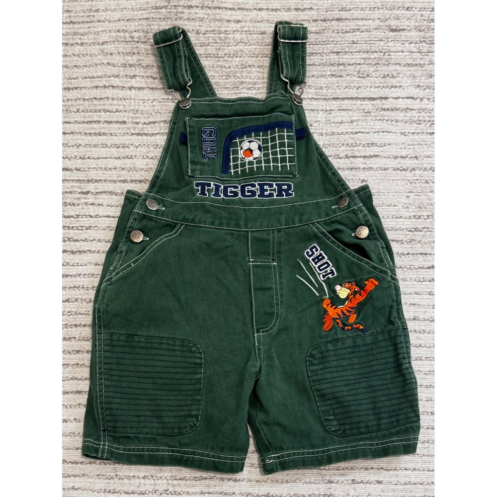 Vintage Disney Tigger Soccer Overalls Green Cotton Shortalls Kids Size 5